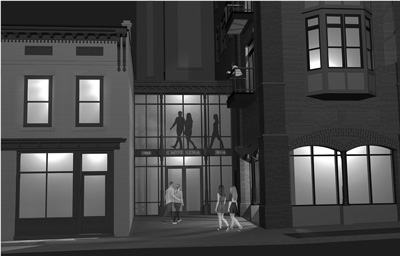 An architect’s rendering shows the new entrance that would be built on Phila Street to connect Caffe Lena to a new building planned for the site of the coffeehouse’s current parking lot. The two buildings would share an elevator.

Courtesy Frost Hurff Architects