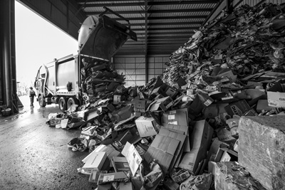 A truck delivers a load of recyclables to TAM Recycling in Pownal. The pile in the foreground contains about 1.5 days worth of cardboard recyclables that have been delivered and are awaiting processing at the facility. Joan K. Lentini photo