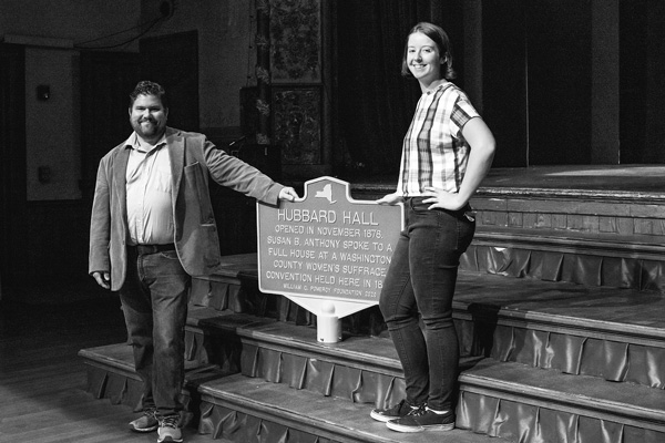 TDavid Snider and Kathrine Danforth of Hubbard Hall display a new historical marker commemorating Susan B. Anthony’s 1894 visit to the hall as she campaigned for women’s rights. Joan K. Lentini photo