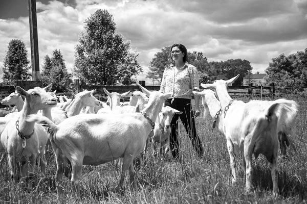 Farmstead cheesemaker Shereen Alinaghian walks among the goats at Ardith Mae Farm in Stockport, N.Y. The farm has earned Animal Welfare Approved certification for more than a decade. Scott Langley photo